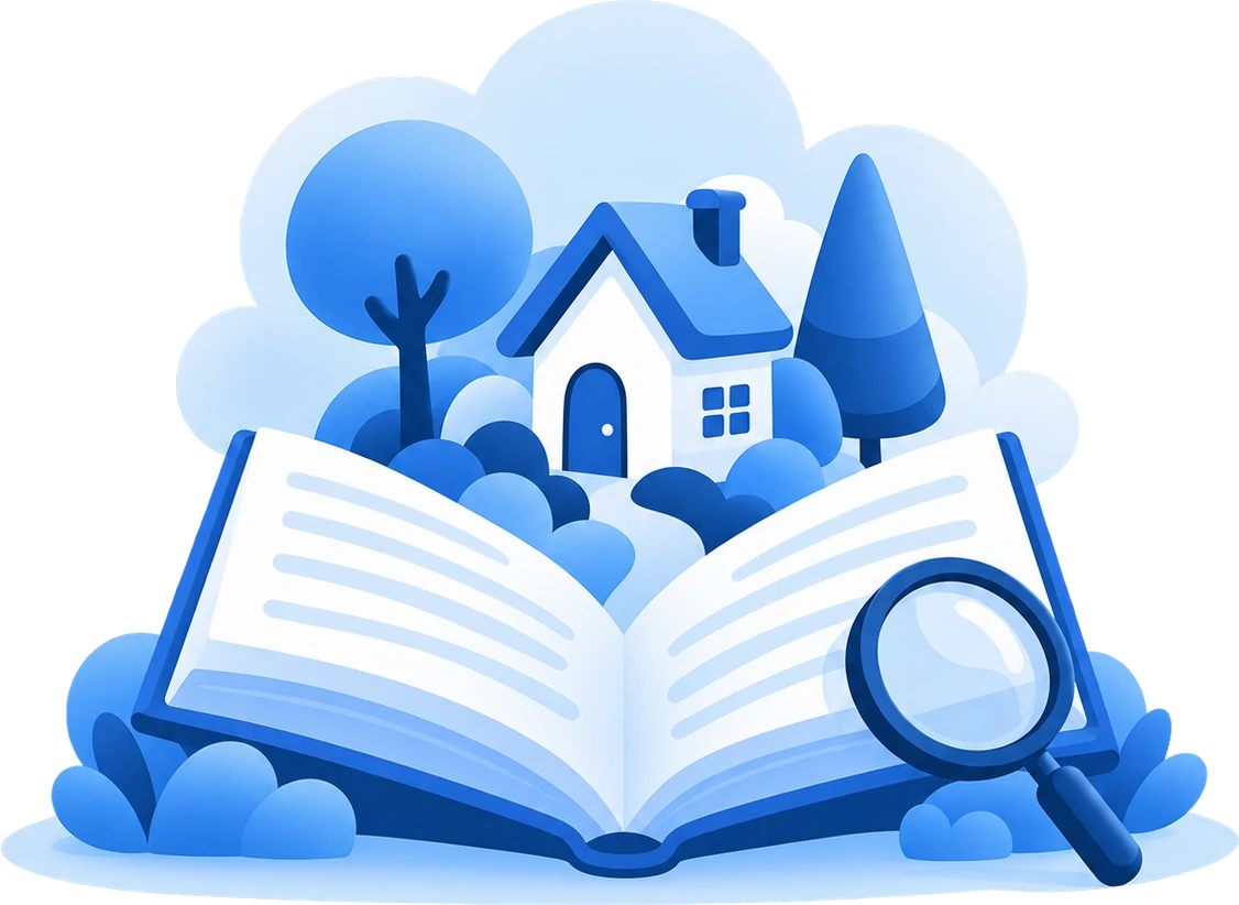 Illustratie van een open boek met een huisje