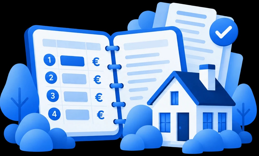 Illustratie van een biedlogboek met genummerde biedingen naast een huis