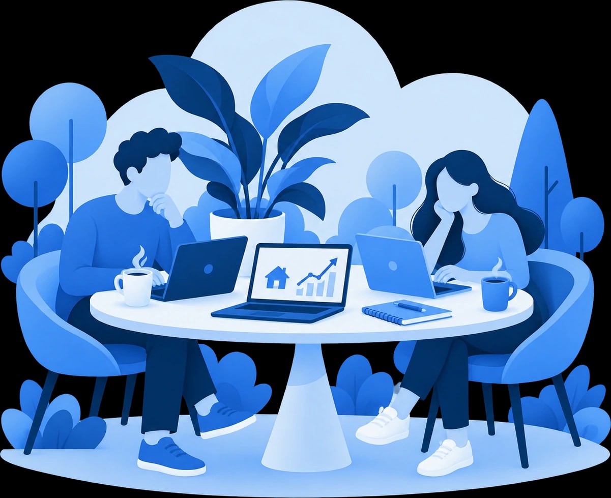 Illustratie van twee collega's aan tafel met laptops